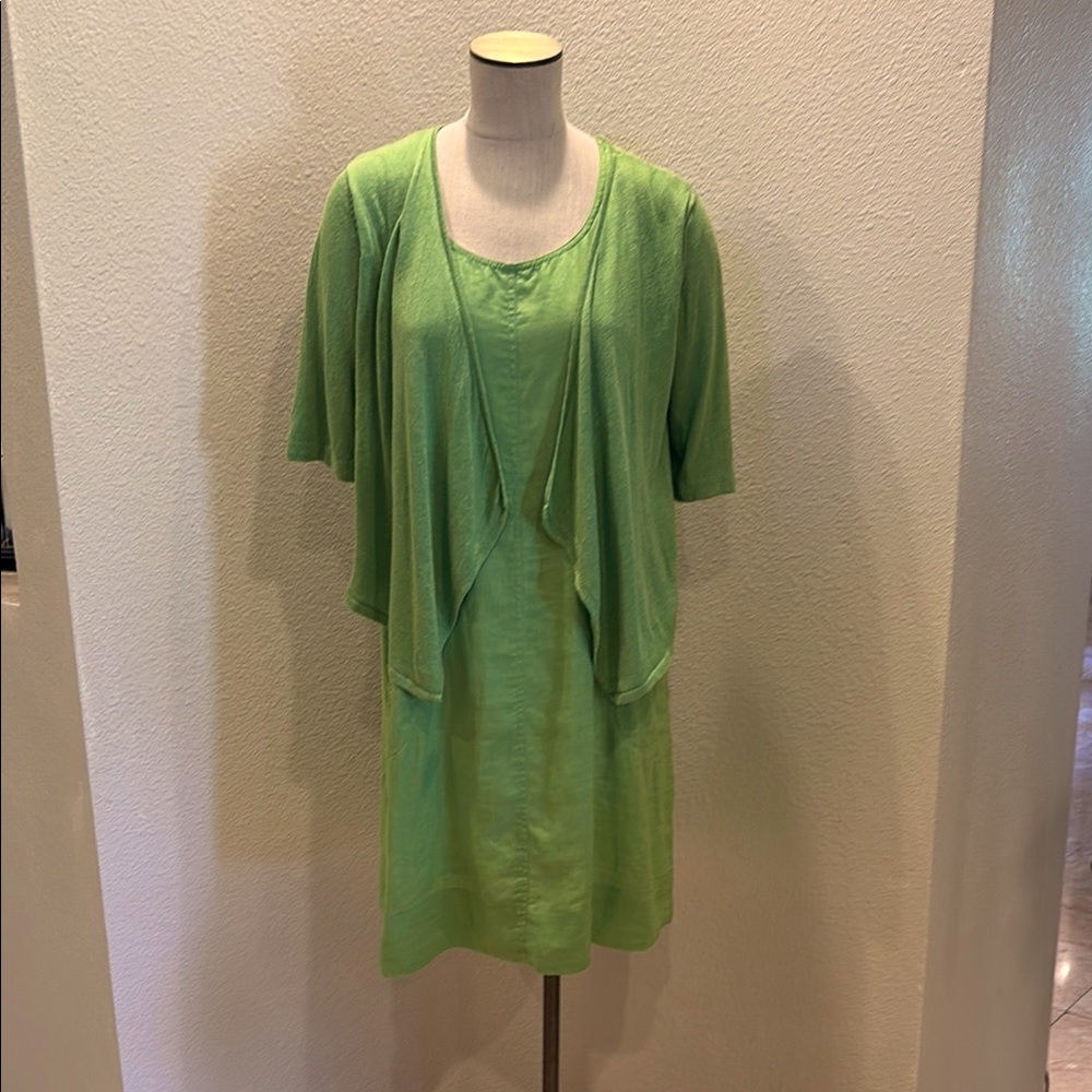 J.Jill Lime Green Linen Tank Dress with lightweight Waterfall Cardigan Set S